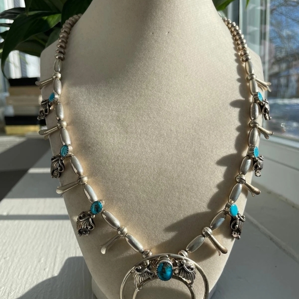 Naja Vintage Sterling Silver Turquoise Navajo Squash Blossom Necklace 21"